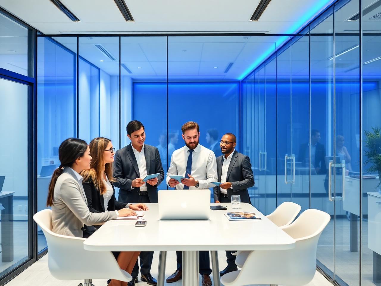 Consulting team collaborating in a modern glass office